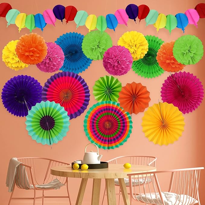 Fiesta Party Decorations, Multicolored Paper Pompoms Fan Garlands for