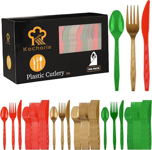 Kochorie 360 Pieces Christmas Plastic Cutlery Set Disposable Plastic