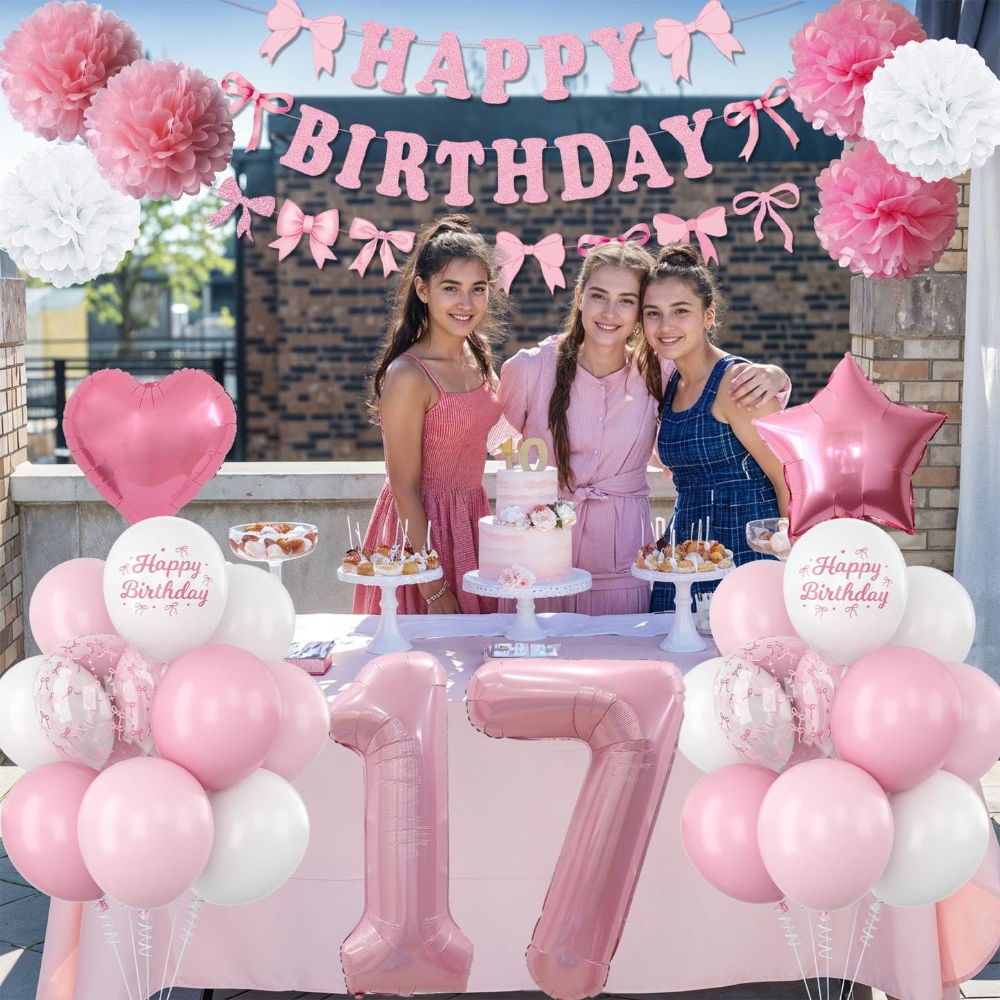 17th Birthday Decorations for Girls Pink Number 17 Balloon Bow