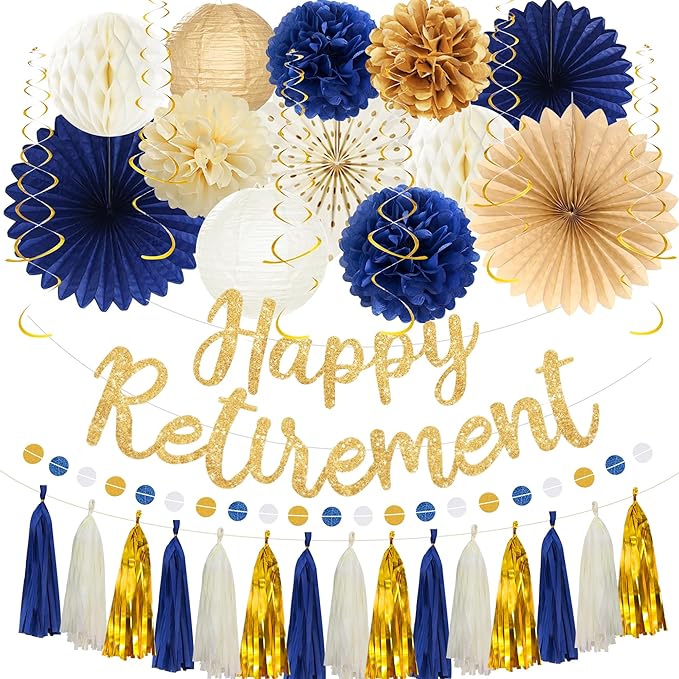 Roetyce Retirement Party Decorations Women Men, Blue Gold Happy