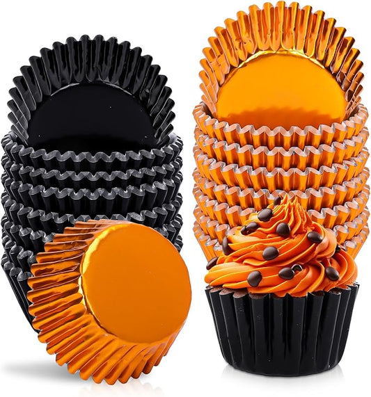 JarThenaAMCS 200Pcs Halloween Cupcake Liners Black Orange Foil