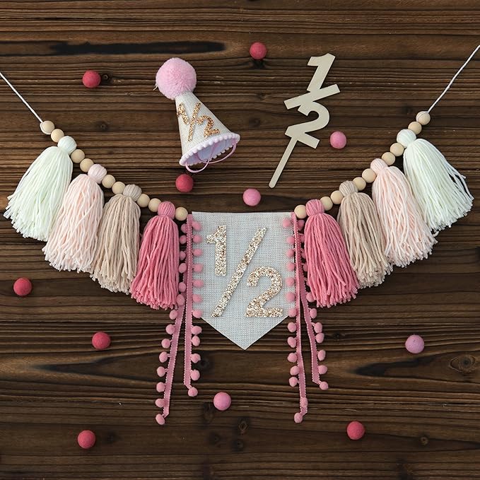 1/2 Pink Baby Girl Birthday Highchair Banner Wood Bead Tassel