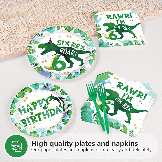96 Pcs Dinosaur 6th Birthday Decorations Dino Plates and Napkins 6