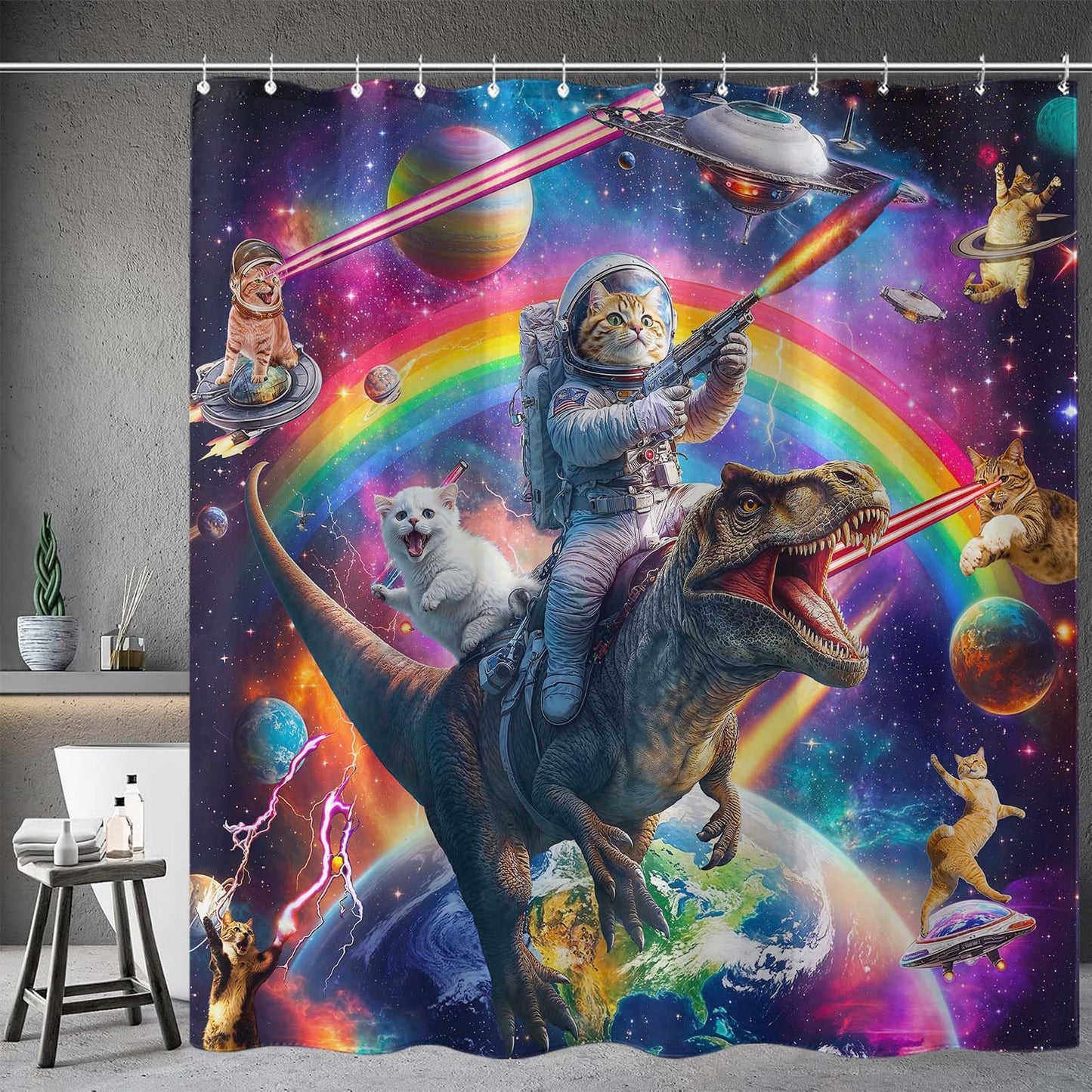 78 Inch Long Funny Cat Dinosaur Shower Curtain Fun Cool Colorful Space