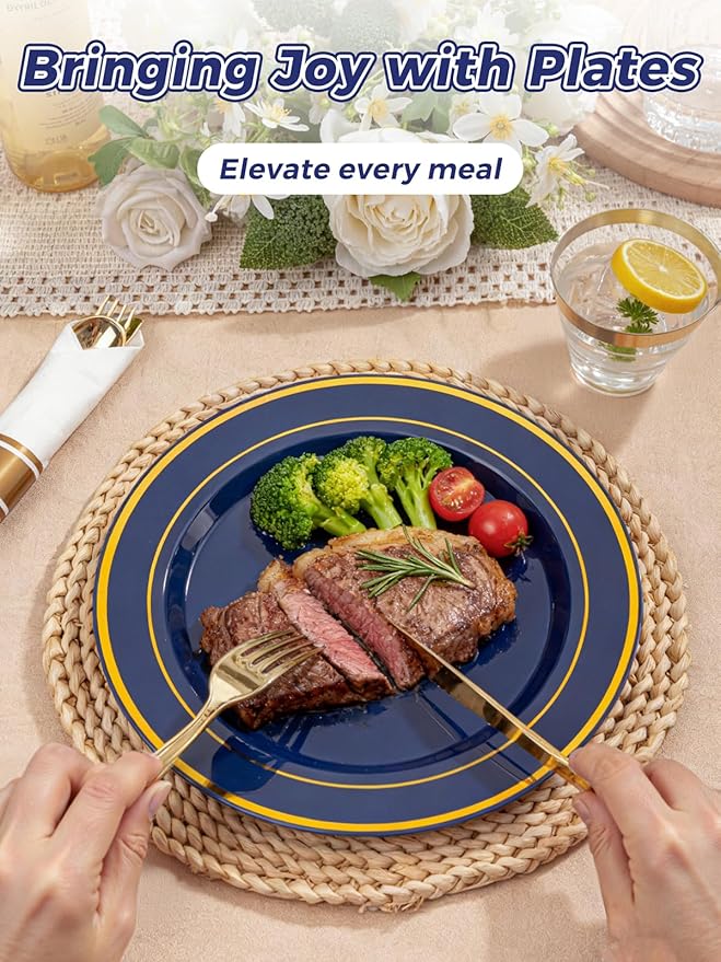WDF Partyware 175PCS Blue and Gold Plastic Plates - Navy Blue Plates