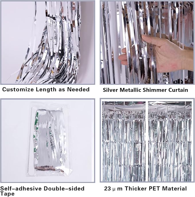 2 Pack Silver Foil Fringe Curtain Backdrop, 3.2Ft x 8.2Ft Metallic