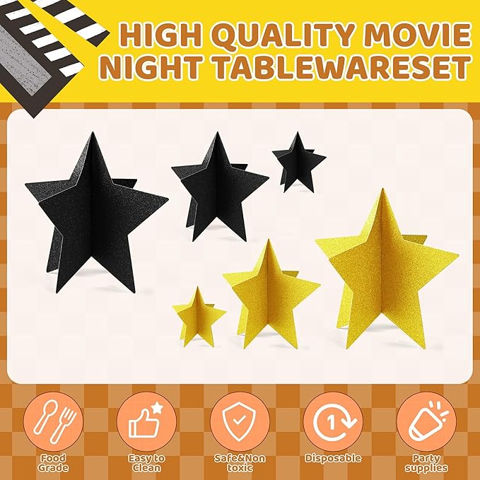 70 Pcs Black and Gold Star Centerpieces Black and Gold Party