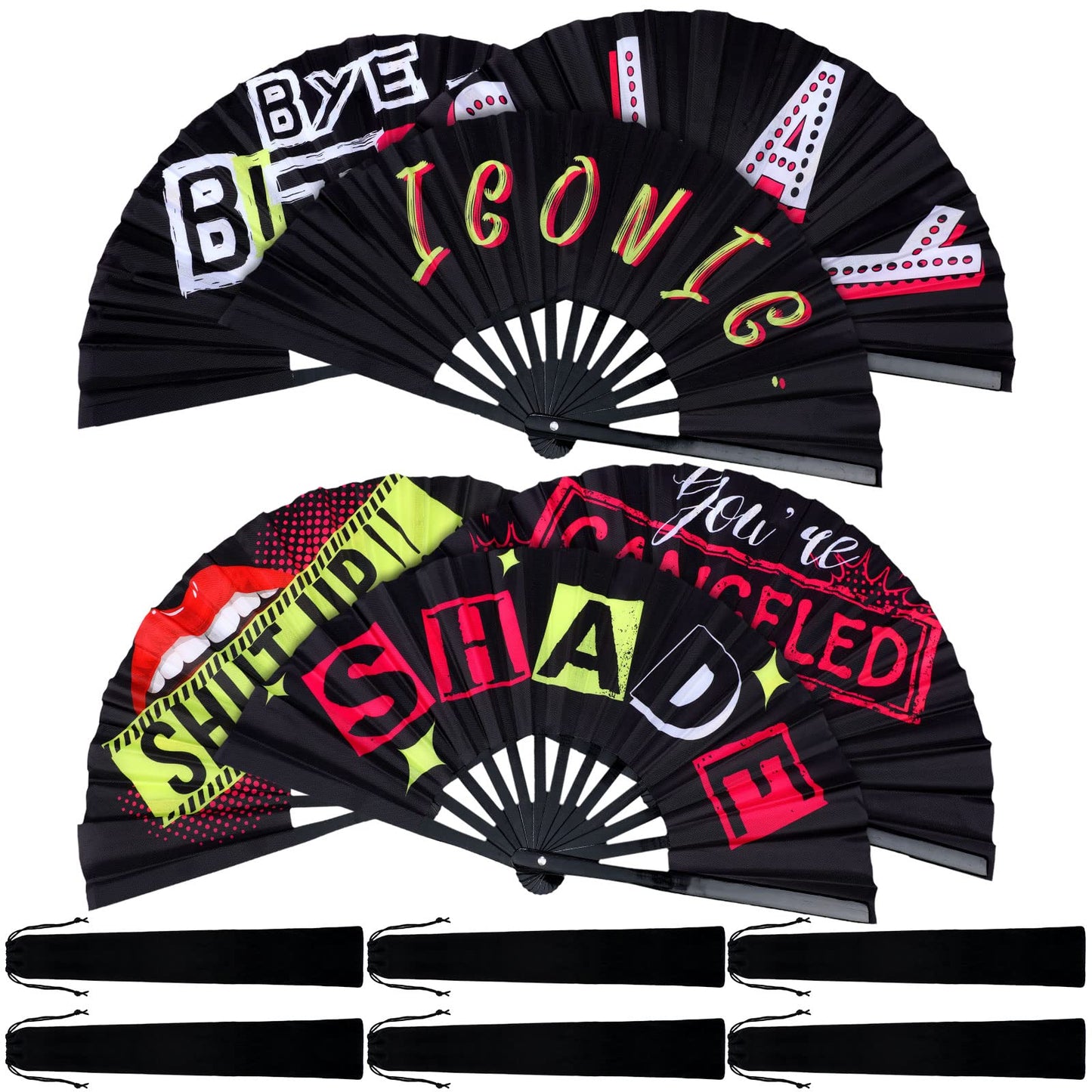 FairySandy 6 Pcs Large Hand Fan Rave Iconic Shade Bye Folding Bamboo