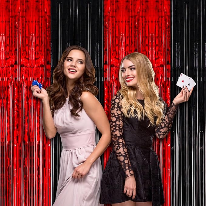 Voircoloria 2 Pack 3.3x8.2 Feet Red and Black Foil Fringe Backdrop