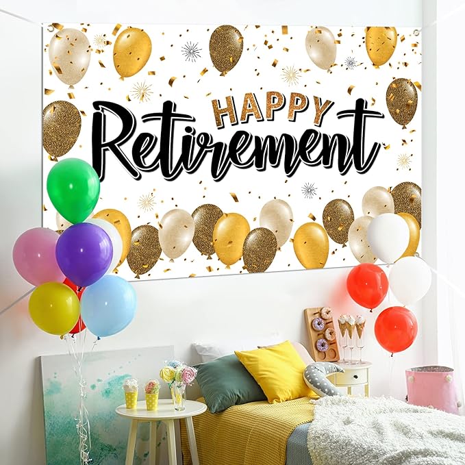 Happy Retirement Decorations Gold Large Balloon Banner Backdrop Sign