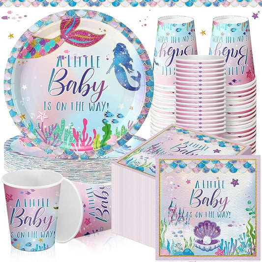 200 Pcs Mermaid Baby Shower Paper Plates Napkins Cups Under the Sea