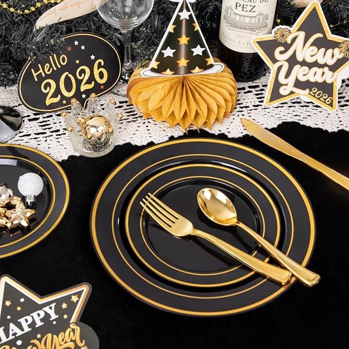 WDF Partyware 175PCS Black and Gold Plates - Black Disposable Plates