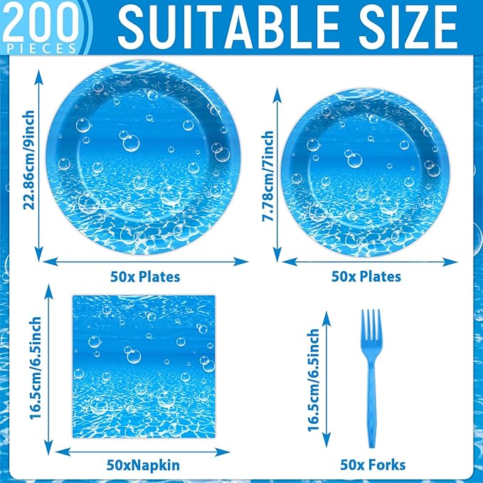 200PCS Ocean Sea Party Plates and Napkins Under the Sea Bubbles