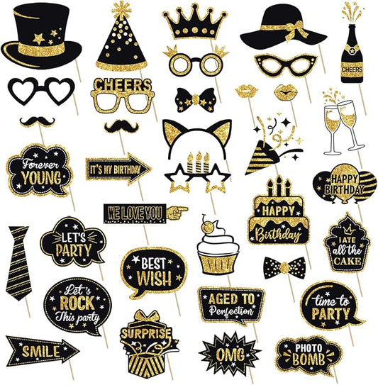 JOJO FLY 36 Pcs Birthday Photo Booth Props Kit, Black and Gold Party
