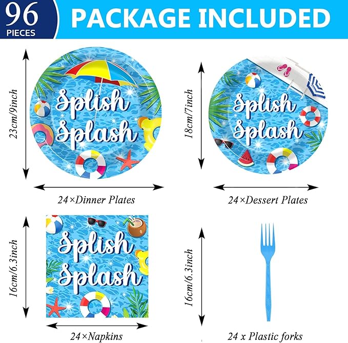 Splish Splash 96Pcs Bash Tableware Set Pool Party Plates Napkins
