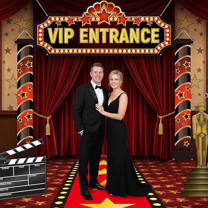 Movie Night Porch Sign Banner 4 Pcs Decorations Set with Red Carpet