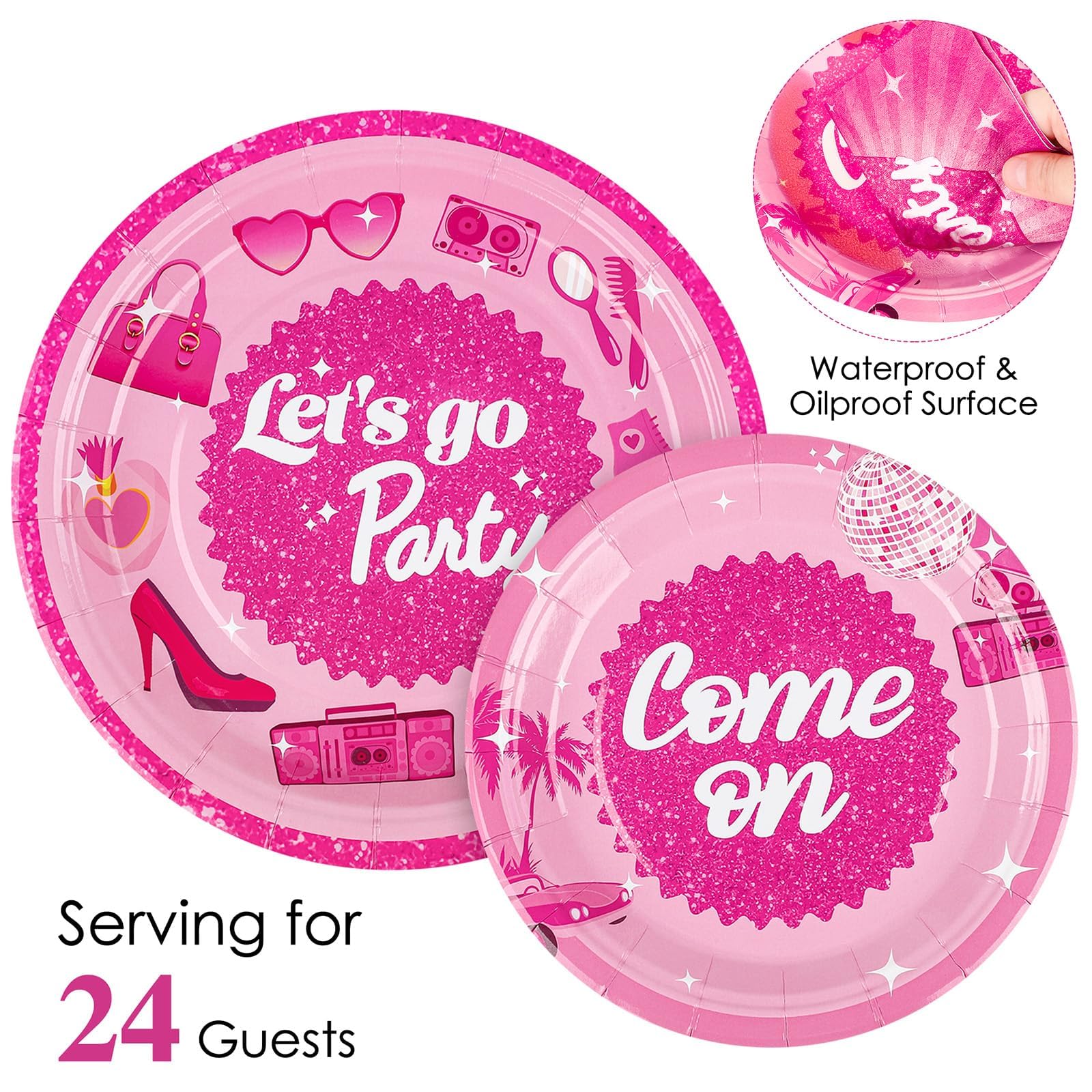 durony 96 Pieces Let's Go Party Supplies Serve 24 Guests Hot Pink
