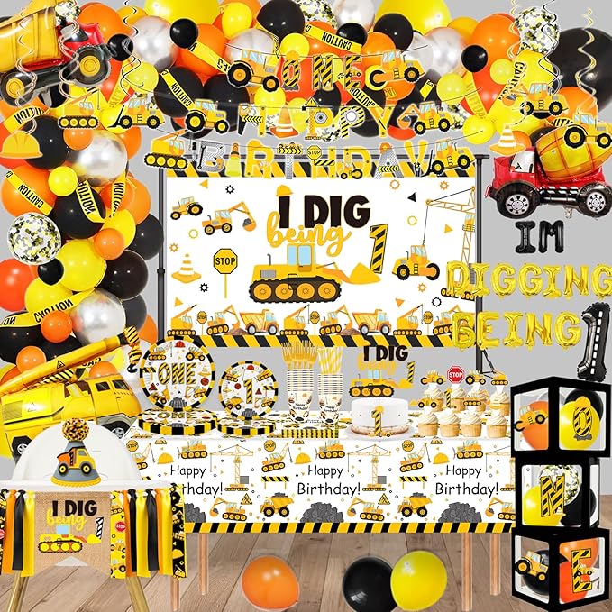 345 Pcs Construction 1st Birthday Party Supplies Dump Truck One Year