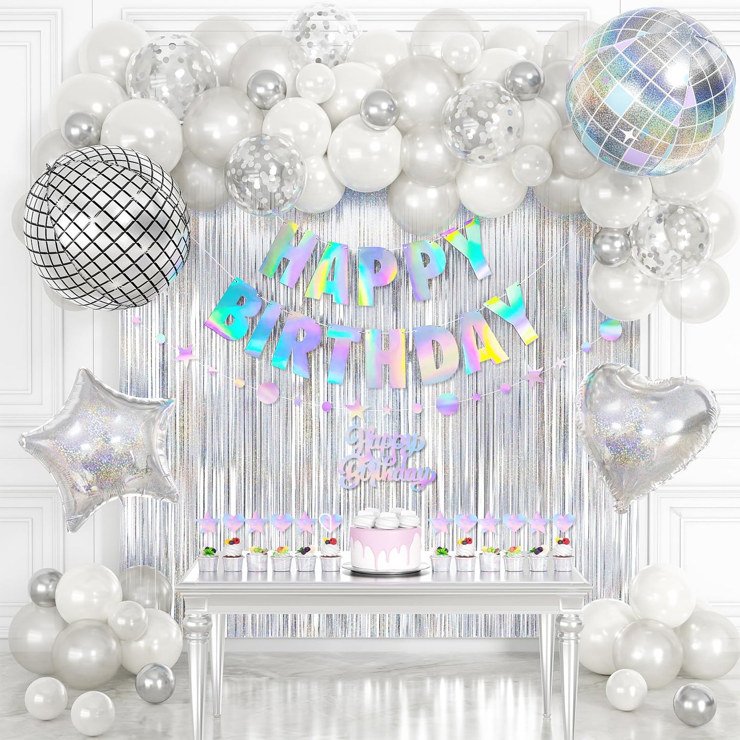 Disco Party Decorations, Iridescent Happy Birthday Star Hanging Banner