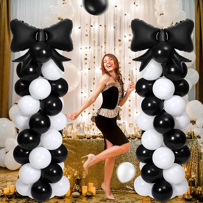 2 Sets Black White Bow Balloon Column Stand Kit Includes 2 Bows & 100