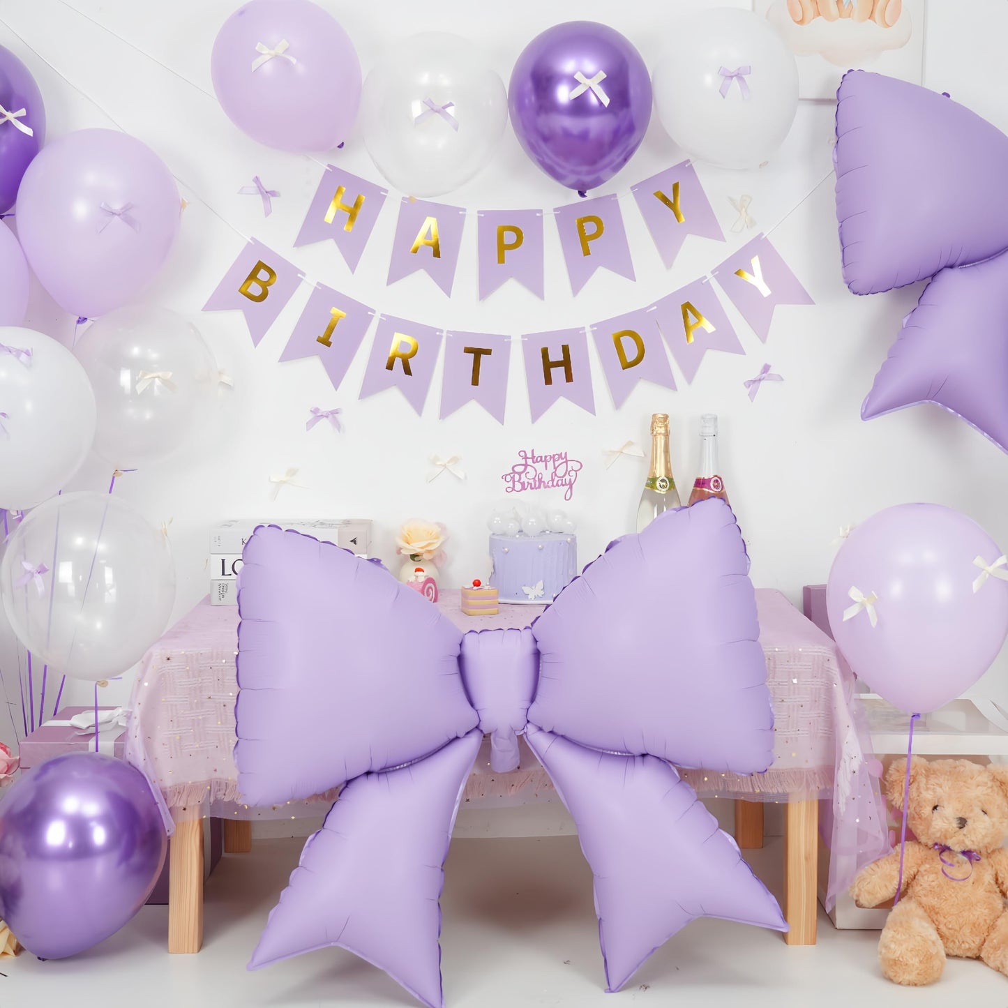 Purple Bow Birthday Decorations, Purple Happy Birthday Banner with
