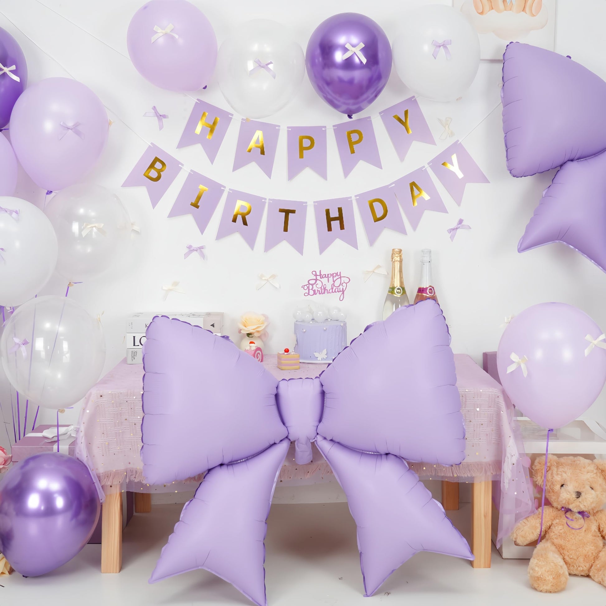 Purple Bow Birthday Decorations, Purple Happy Birthday Banner with