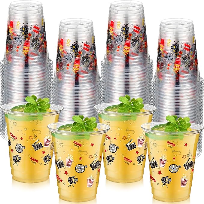 50 Pcs Movie Night Cups 12 oz Plastic Movie Theme Glasses Clear