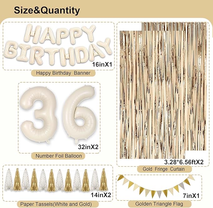 36th Birthday Decorations for Women, White and Gold 36 Boho Birthday