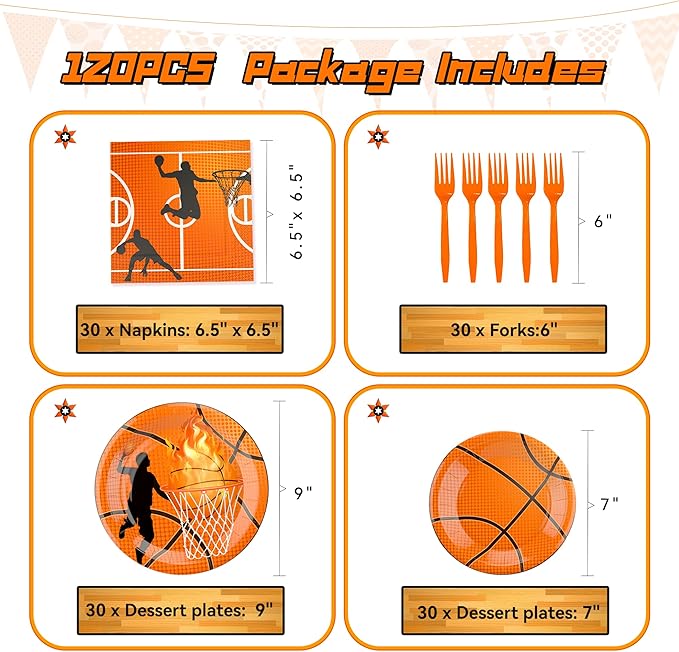 120 Pcs Basketball Party Supplies Bundle Paper Plates Napkins Forks