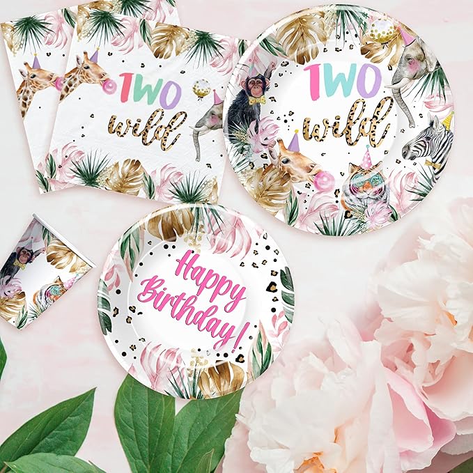 Two Wild Birthday Decorations Girl Tableware Safari Jungle Animal