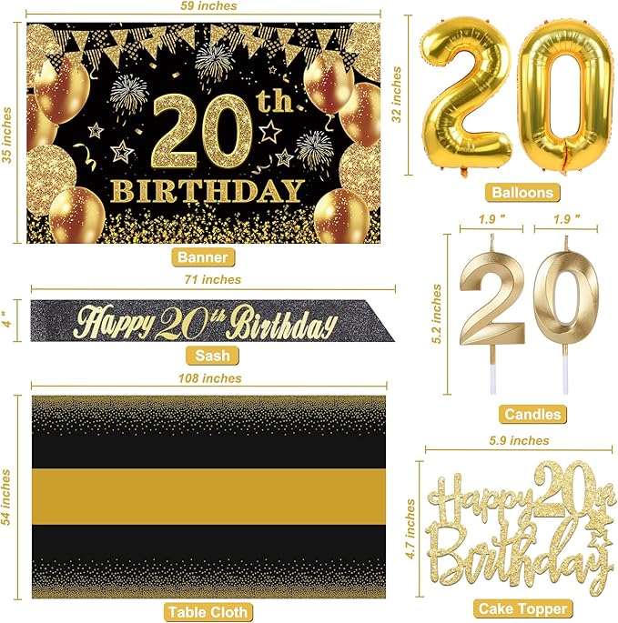 20th Birthday Decorations for Him Her with Banner Black and Gold