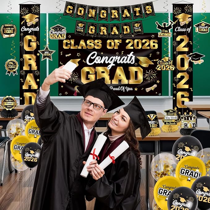 Graduation Decorations Class of 2026 Black and Gold Party Decor Set
