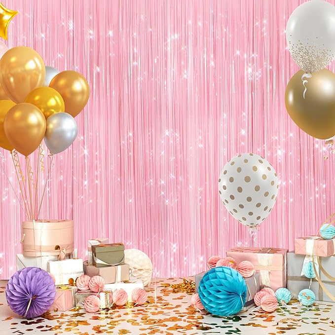 2Pack Pastel Pink Metallic Tinsel Foil Fringe Curtains, Pink