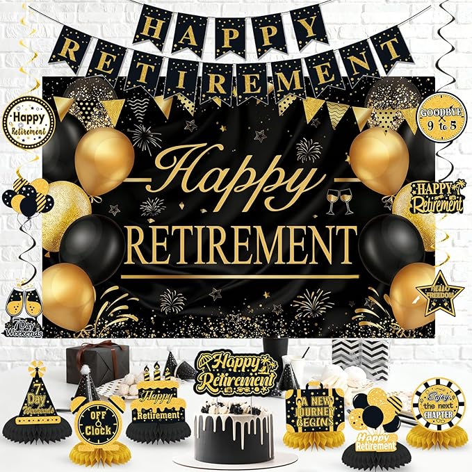 Retirement Party Decorations for Men Women Black Gold Happy Retirement