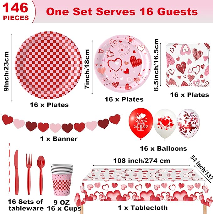 146Pcs Valentine's Day Party Tableware Set Red Heart Love Disposable