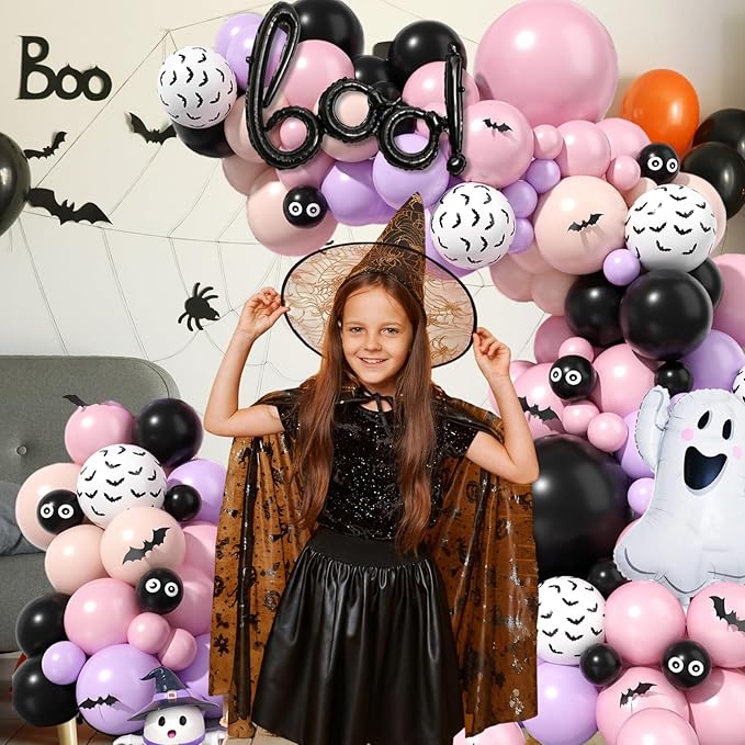 120 Pcs Pink and Black Balloon Arch Kit Scary Ghost Boo Halloween