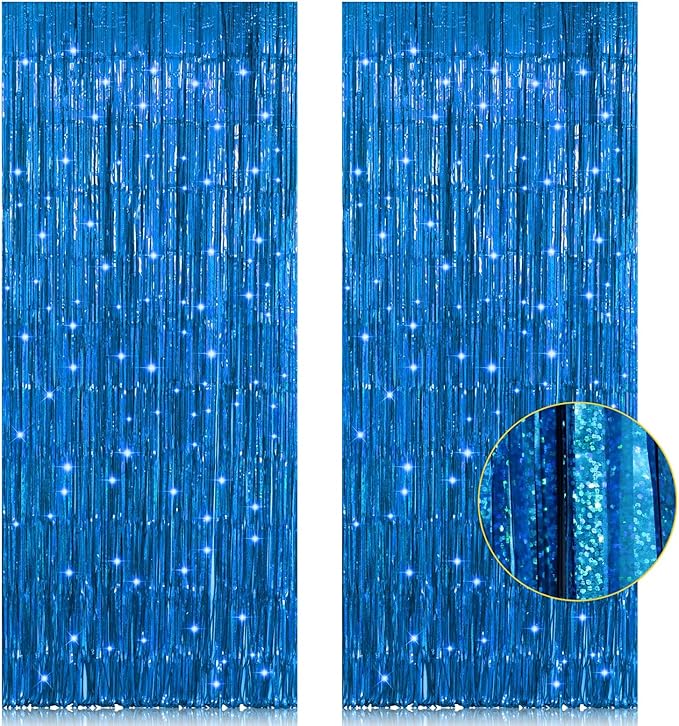 2 Pack 3.2ft x 8.2ft Blue Foil Fringe Curtains Photo Backdrop Party
