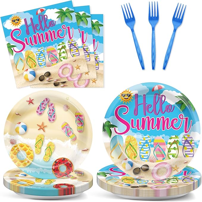 96Pcs Hello Summer Plates and Napkins Beach Party Decorations