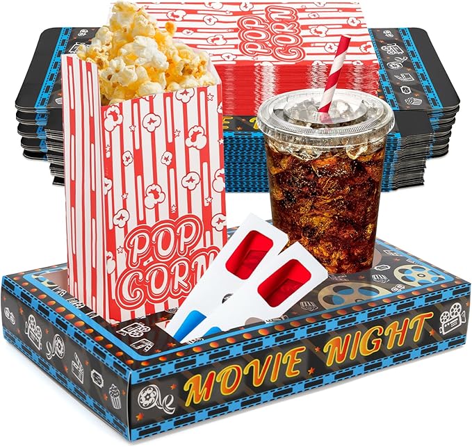 Movie Night Supplies 100 Pcs 50 Movie Snack Trays & 50 Popcorn Bags