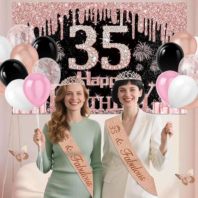 35th Birthday Decorations for Women 49pcs Black Rose Gold Black