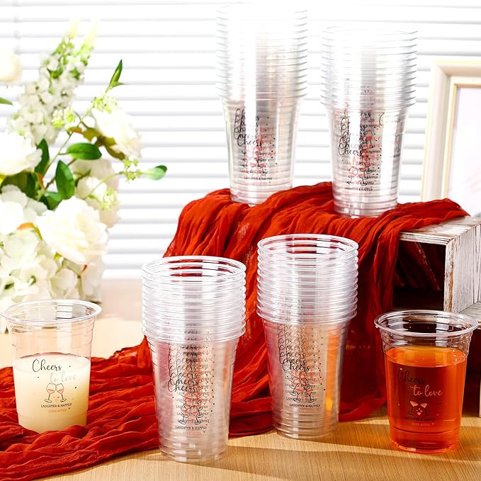 100 Pcs Plastic Wedding Cups 16 oz Cheers to Love Wedding Reception