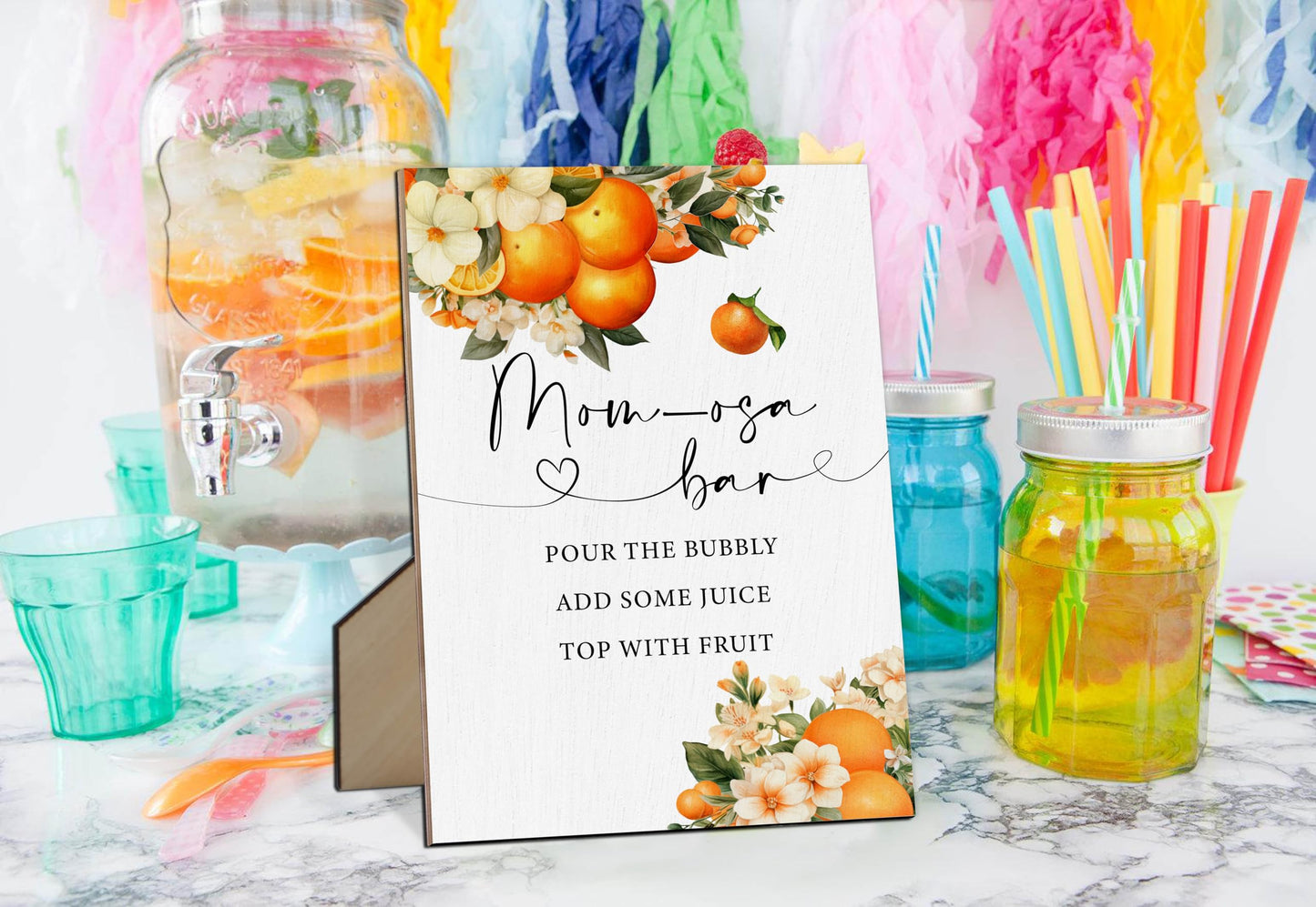 Mom-osa Bar Baby Shower Sign, Orange Citrus Gender Neutral Tabletop