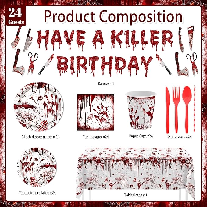 Killer Birthday Decoration 194PCS Halloween Scream Party Tableware