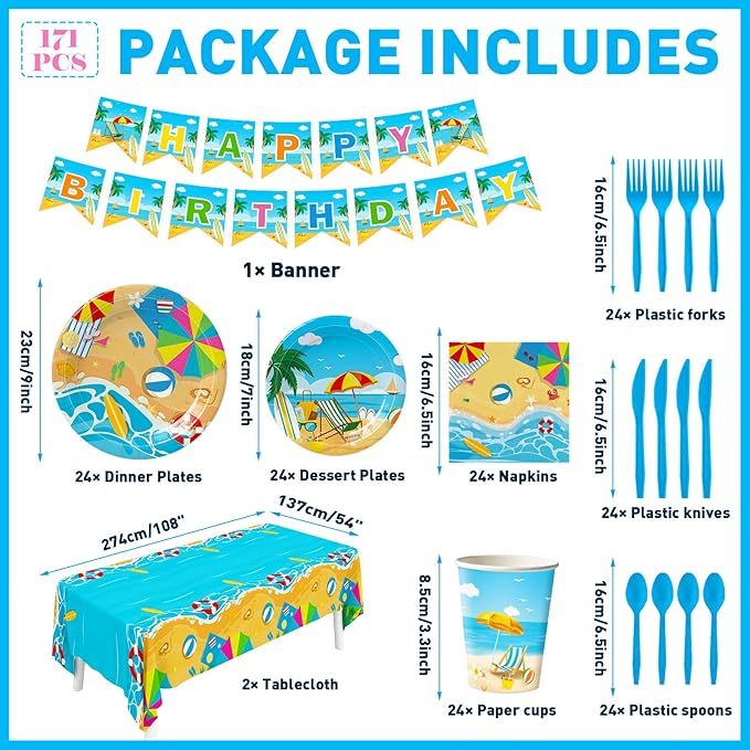 171pcs Summer Beach Birthday Party Decorations Paper Plates Napkins