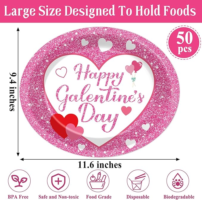 50Pcs Happy Galentine's Day Party Oval Plates 11 Inch Large