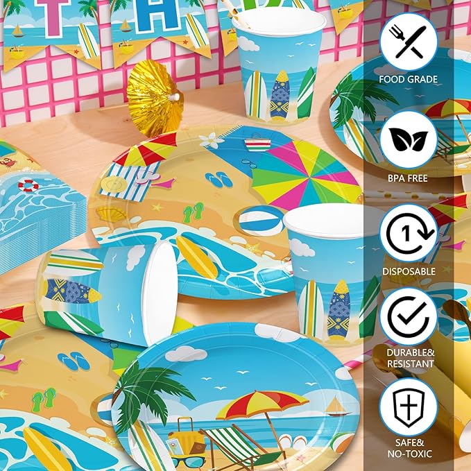 171pcs Summer Beach Birthday Party Decorations Paper Plates Napkins