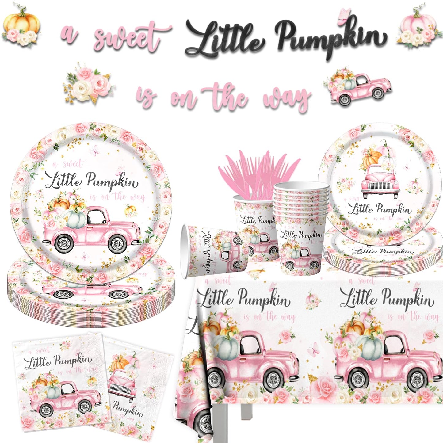Little Pumpkin Baby Shower Party Decorations Tableware,142Pcs A Sweet