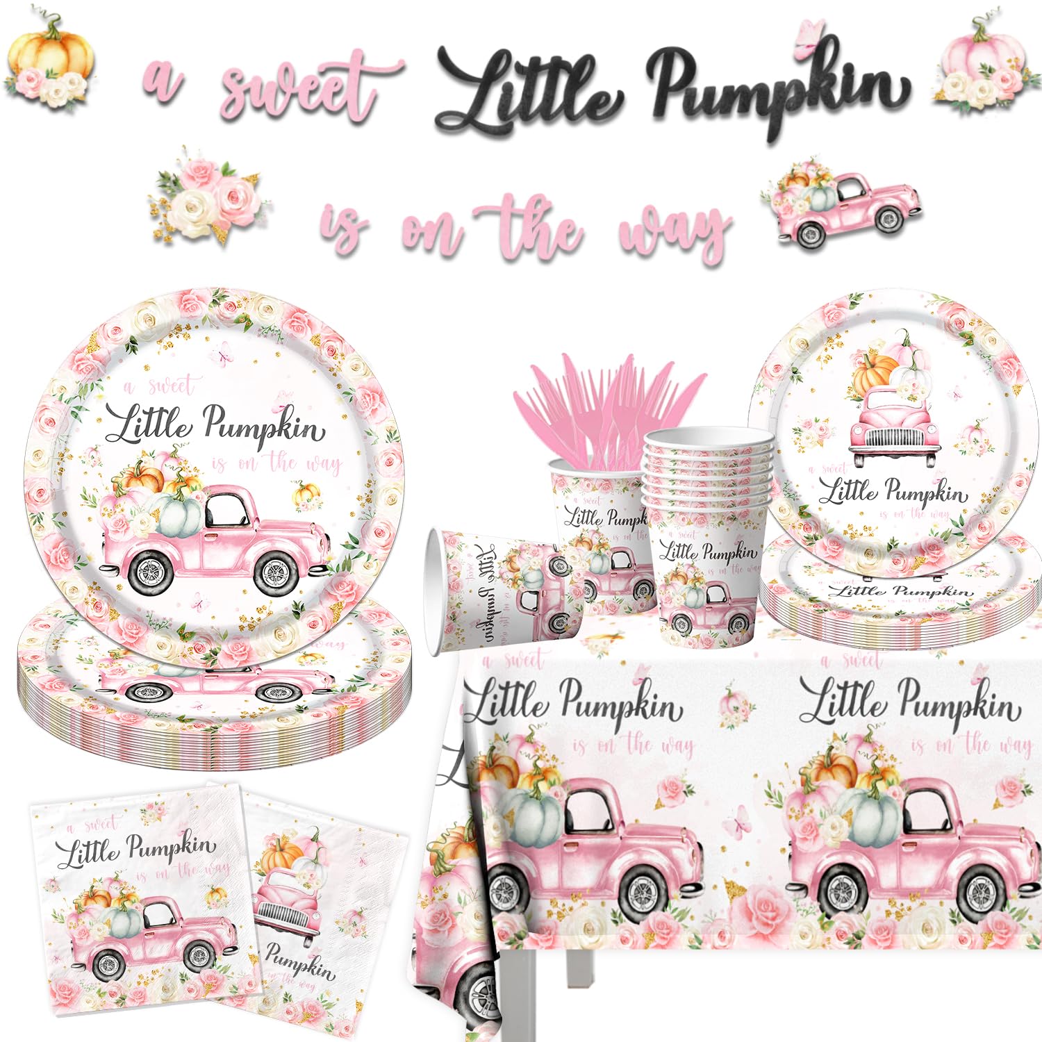 Little Pumpkin Baby Shower Party Decorations Tableware,142Pcs A Sweet