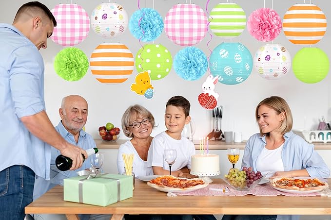 16pcs Easter Party Hanging Decorations Pastel Paper Lanterns and Pom