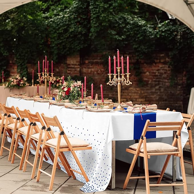 8Pack Disposable Plastic Tablecloths and Satin Table Runner White and